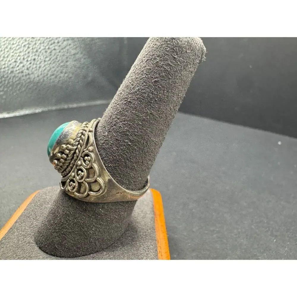 Vtg Southwestern 925 Sterling Silver Oval Turquoise Ring Filigree Rope Sz 9
